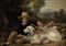 Portrait of two children, full-length seated, with a dog