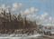 A winter landscape with villagers on a frozen lake outside a town