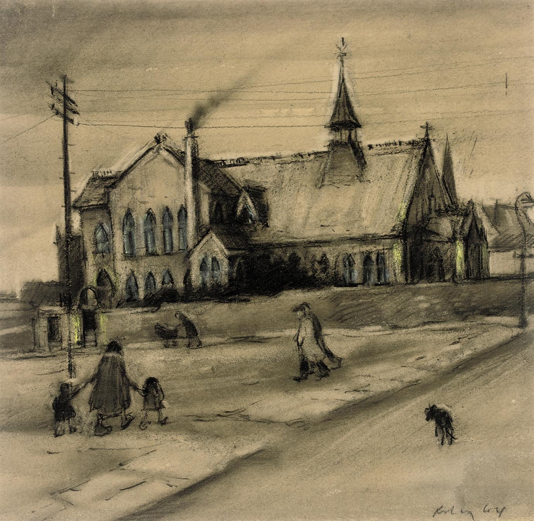 Harold Riley (b. 1934) Figures by the church Modern British & Irish