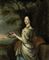 Portrait of a lady, three-quarter-length, in a lace-trimmed gray and blue dress, a wreath of flowers in her right hand, in a landscape
