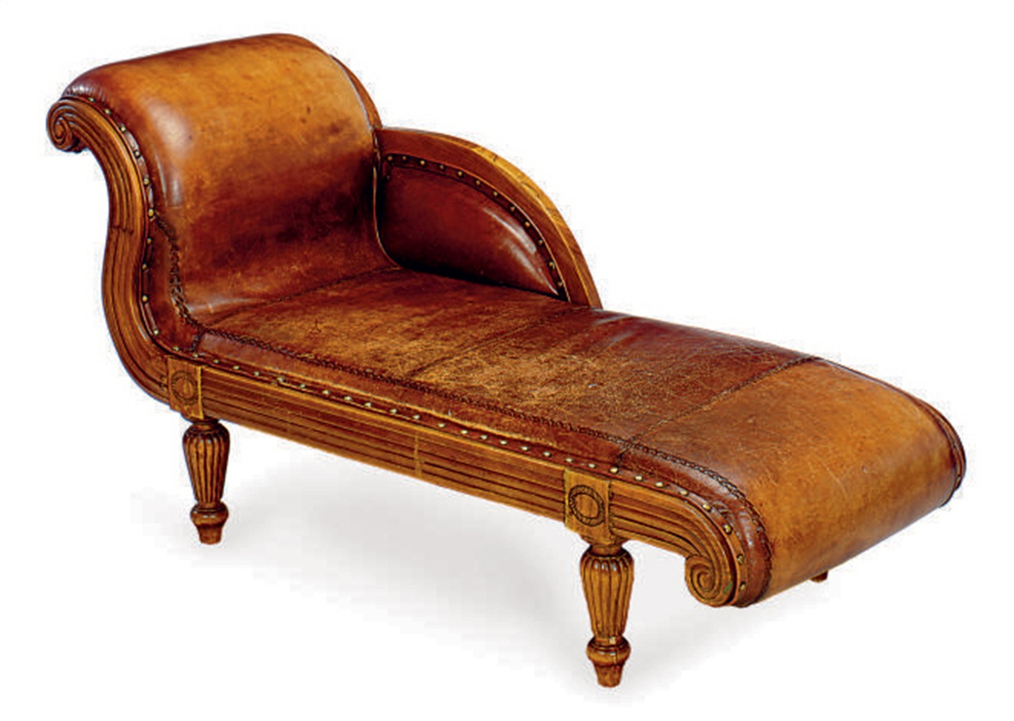 AN EARLY VICTORIAN LEATHERUPHOLSTERED CHAISE LONGUE, MID19TH