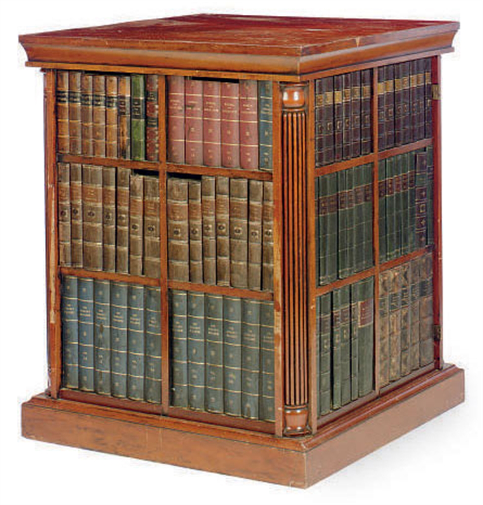 AN ENGLISH MAHOGANY AND BOOK SPINEMOUNTED LIBRARY 20TH