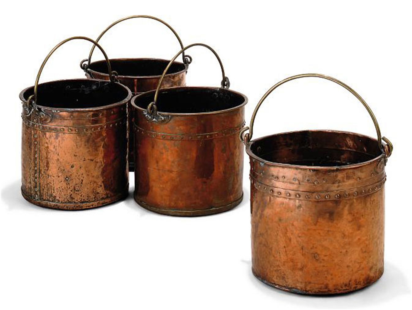 FOUR ENGLISH RIVETED COPPER BUCKETS | 19TH CENTURY | coal buckets