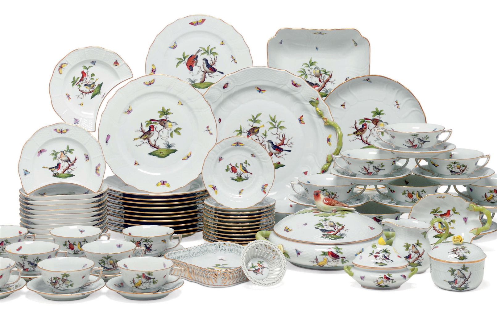 A HEREND PORCELAIN ROTHSCHILD BIRD PART DINNER AND DESSERT SERVICE a-herend-porcelain-rothschild-bird-part-dinner-and-dessert-service