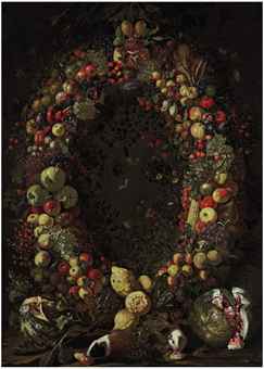 A garland of fruit with guinea pigs and watermelons  