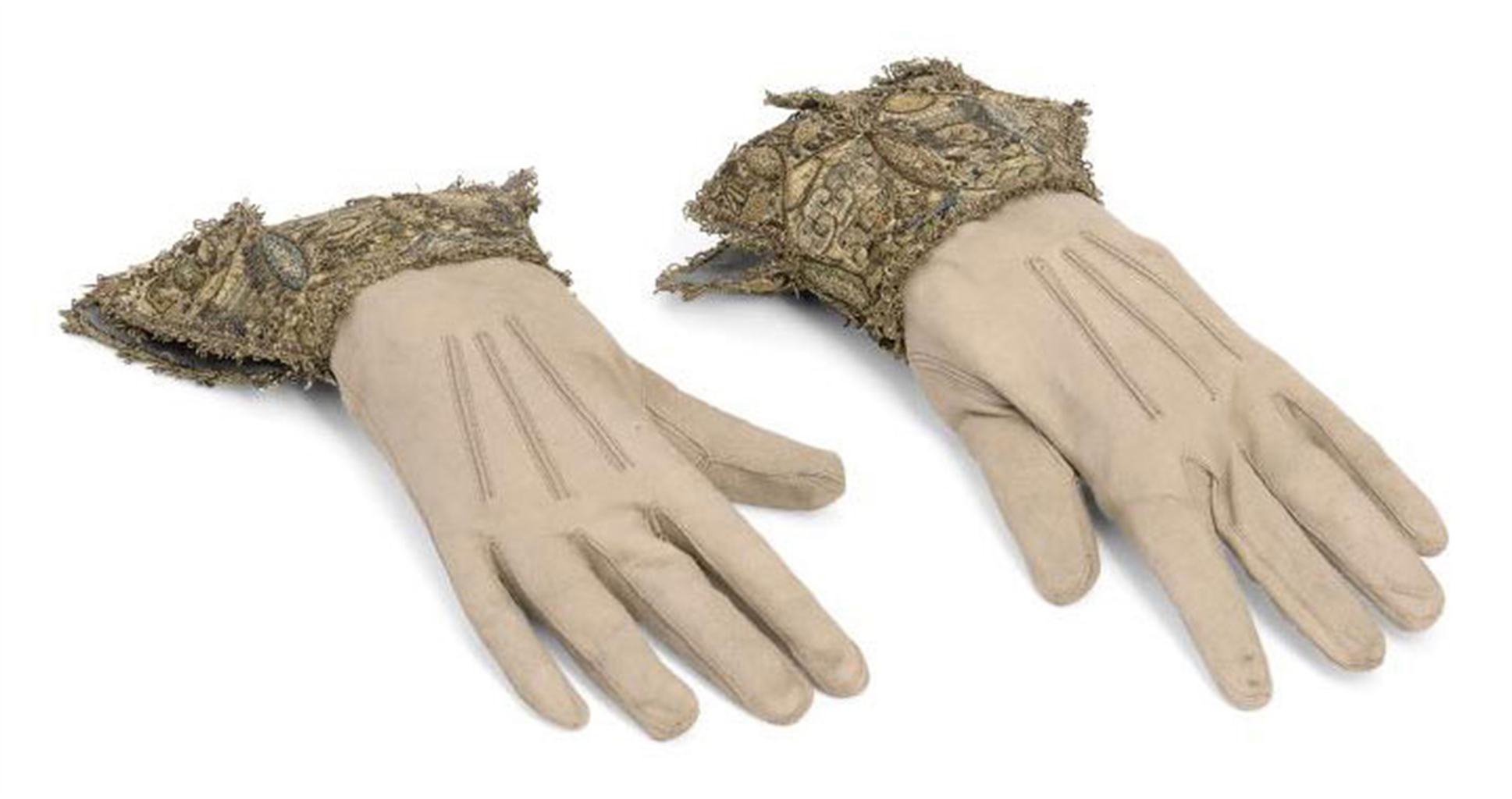 A PAIR OF EMBROIDERED GLOVES ENGLISH, 17TH CENTURY gloves, Textiles