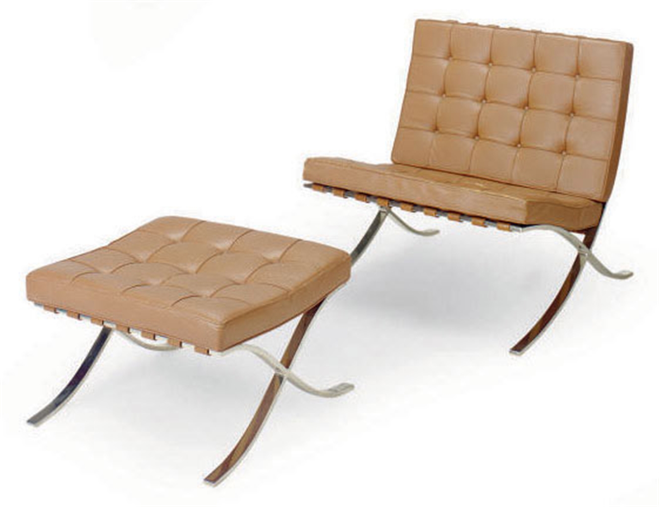 A CHROMEDSTEEL AND TAN LEATHER 'BARCELONA' CHAIR AND FIVE OTTOMANS