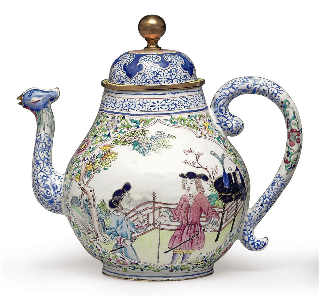 A EUROPEAN SUBJECT "CANTON ENAMEL" TEAPOT AND COVER 18TH CENTURY
