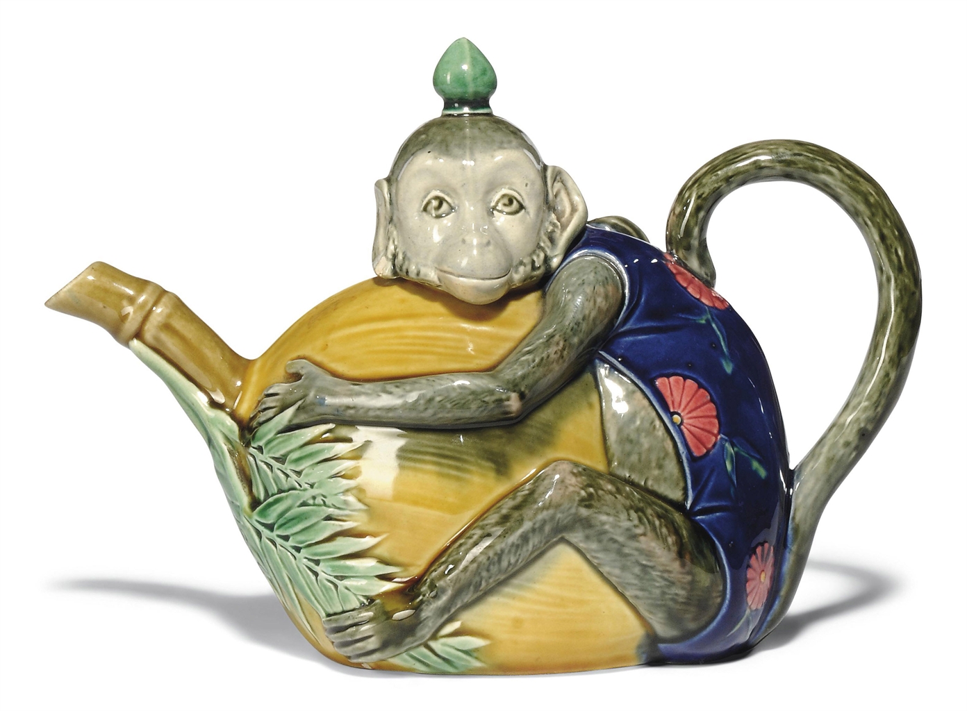 A MINTON MAJOLICA MONKEY TEAPOT AND COVER YEAR CYPHER FOR 1874