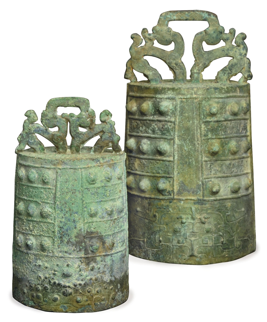 TWO CHINESE ARCHAIC BRONZE BELLS, ZHONG, EASTERN ZHOU DYNASTY (770