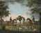 Huntsmen and hounds in a wooded river landscape, kennels beyond