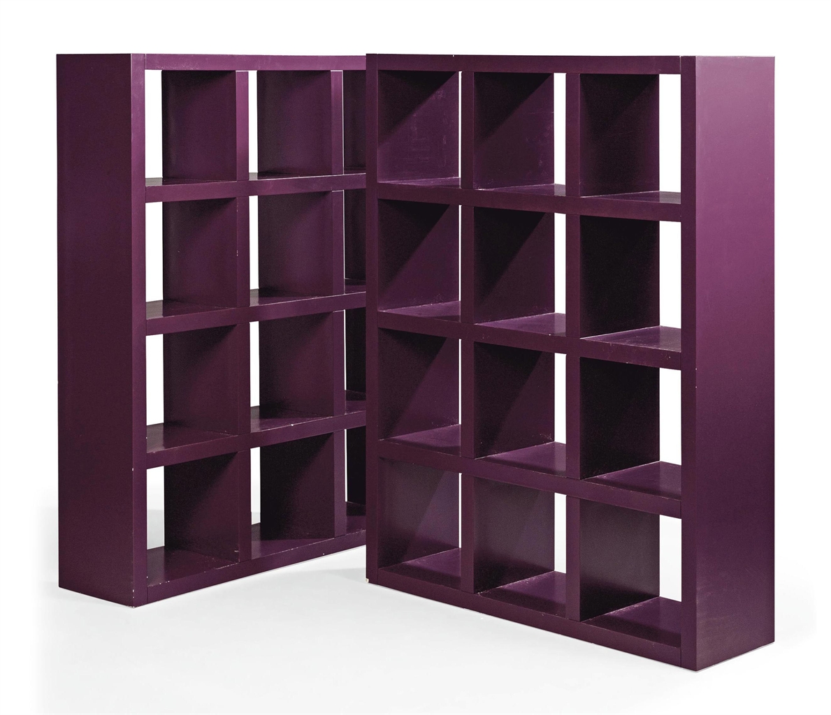 A PAIR OF MODERN ITALIAN PURPLELACQUERED OPEN BOOK/DISPLAY SHELVES DESIGNED BY NICOLO