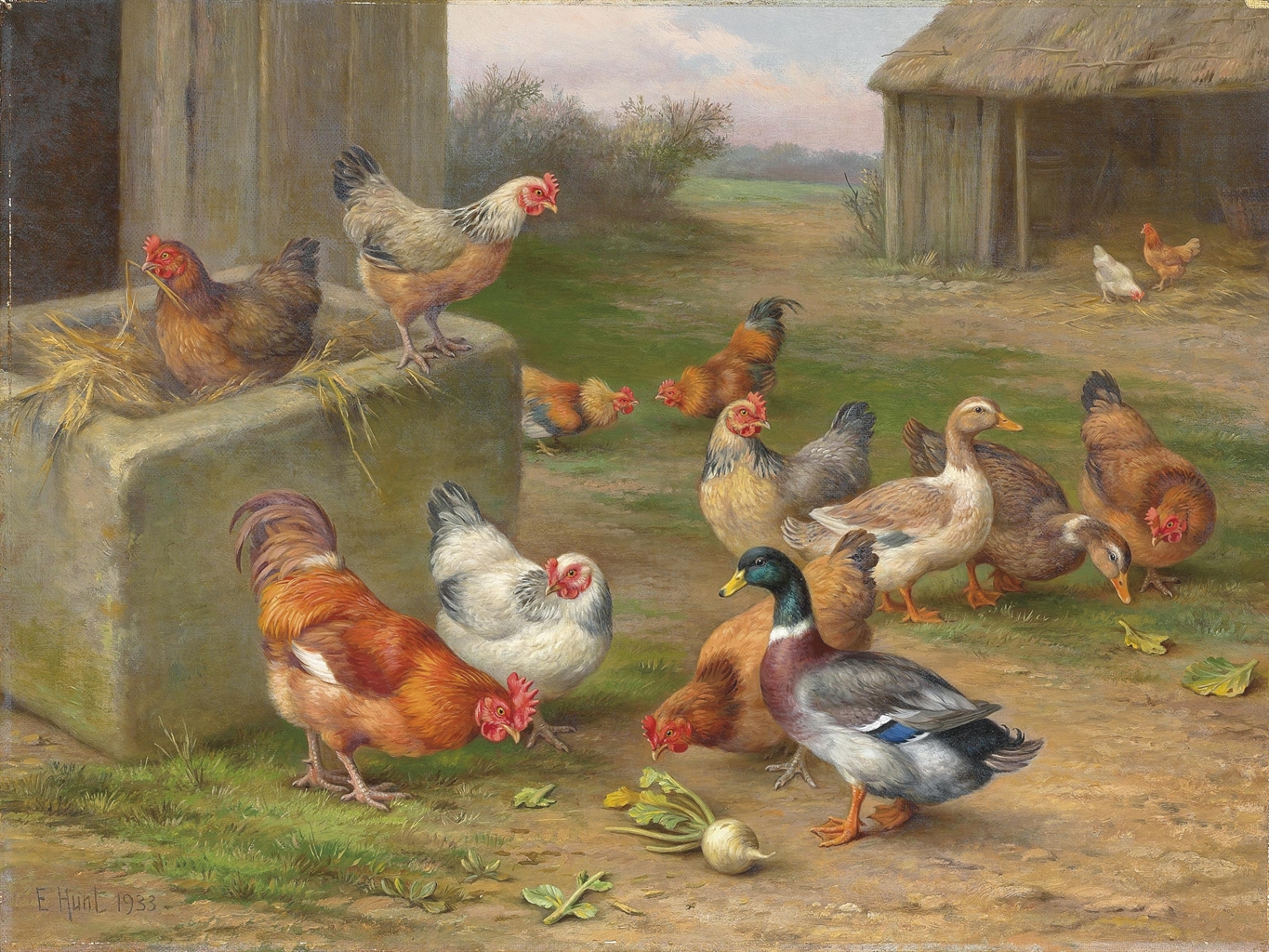 Edgar Hunt (18761955) Chickens, ducks and a mallard in a farmyard