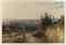 Travellers on a path at sunset with an extensive view of Compiègne beyond