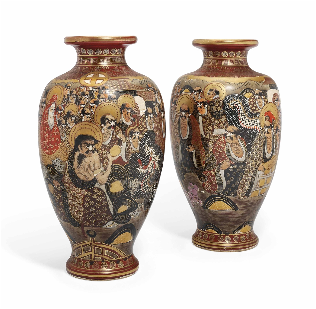 A PAIR OF JAPANESE SATSUMA VASES MEIJI PERIOD (18681912) figural