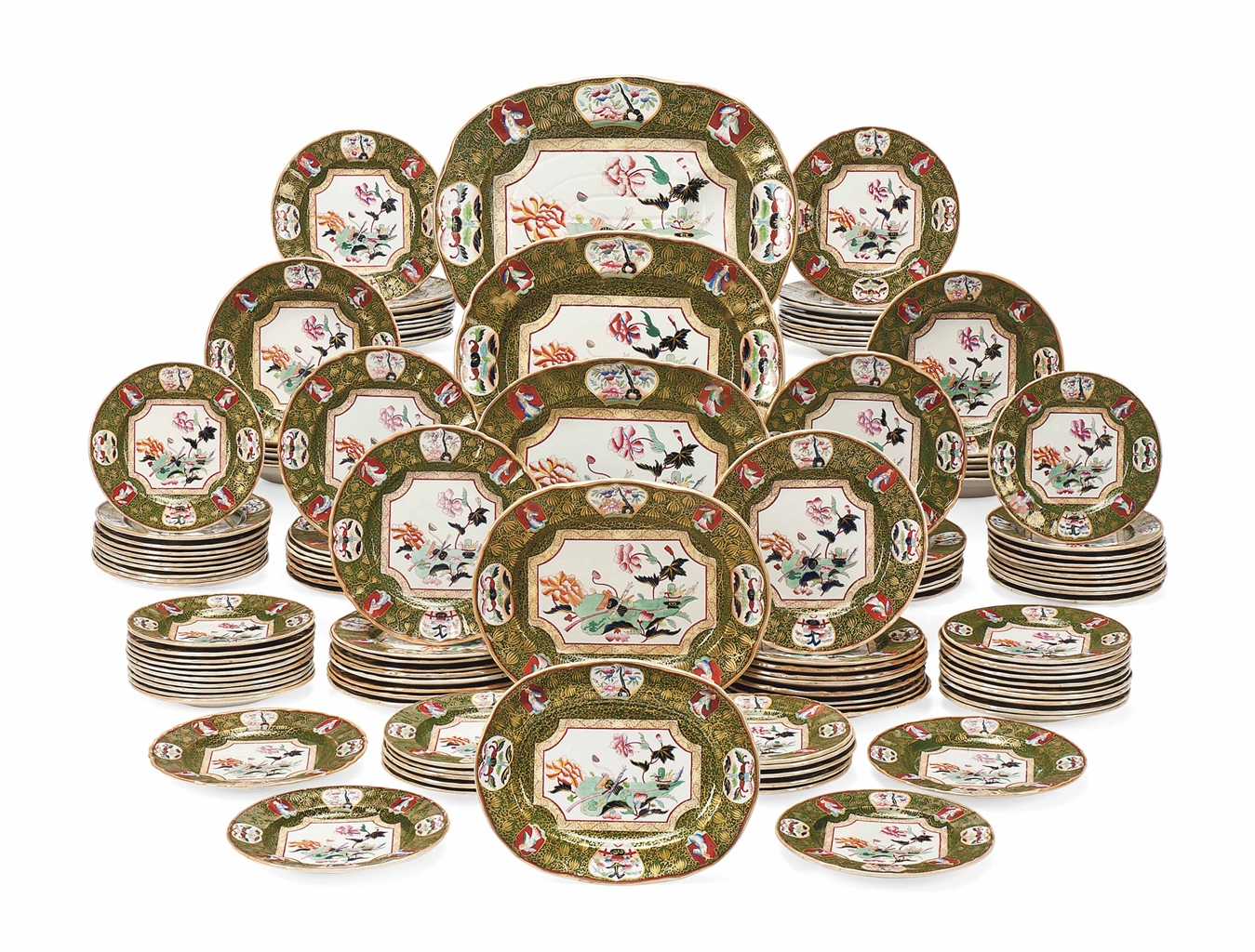 AN ASHWORTH'S IRONSTONE GREENGROUND PART DINNERSERVICE CIRCA 1890