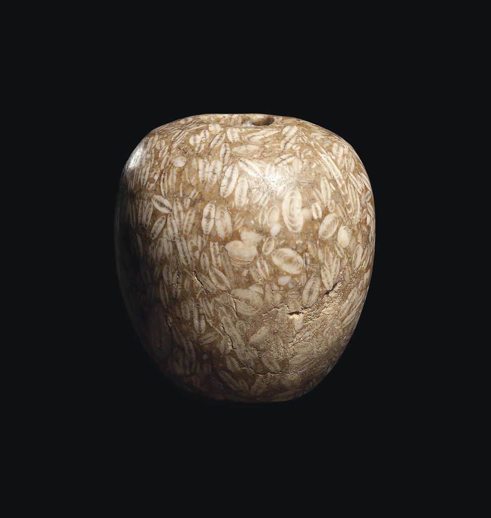 AN EGYPTIAN FOSSILIFEROUS STONE MACE HEAD PREDYNASTIC, NAQADA III
