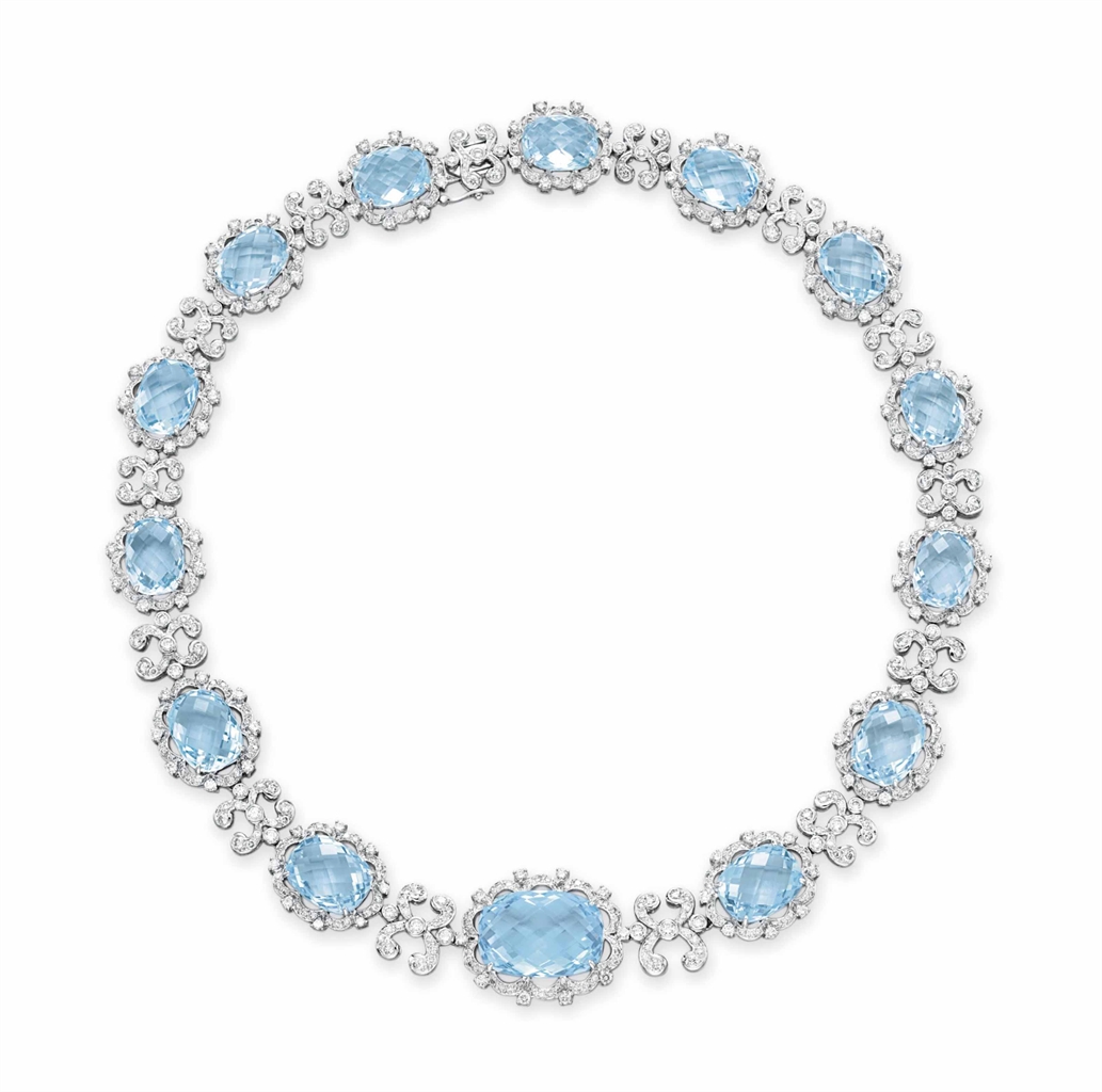 A BLUE TOPAZ AND DIAMOND NECKLACE JEWELRY Auction necklace, diamond