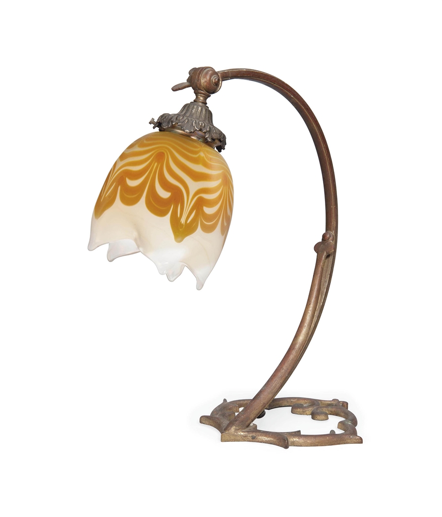 AN ART NOUVEAU BRASS TABLE LAMP WITH LOETZ IRIDESCENT GLASS SHADE CIRCA 1900 Interiors