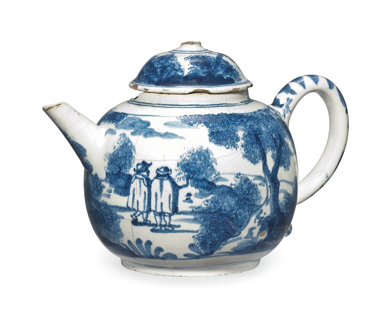 AN ENGLISH DELFT BLUE AND WHITE TEAPOT AND COVER FIRST QUARTER OF THE