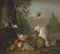 A cockatoo, a parrot, a jay and other birds, with grapes, peaches, plums and a melon, in a park landscape
