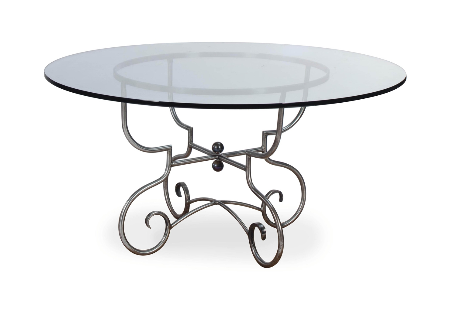 A FRENCH BRUSHED METAL AND GLASS TOP CIRCULAR DINING TABLE