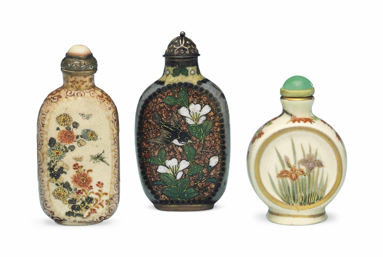 TWO JAPANESE SATSUMA SNUFF BOTTLES AND A CHINESE CLOISONNÉ ENAMEL SNUFF