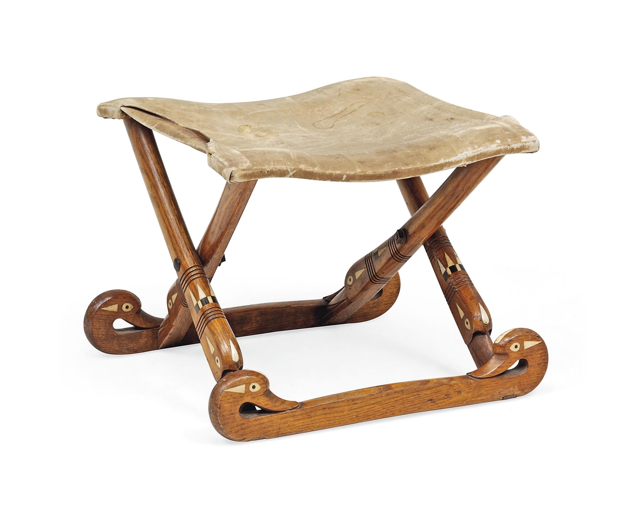 AN EGYPTIAN REVIVAL IVORY AND EBONY INLAID FOLDING STOOL CIRCA 1920