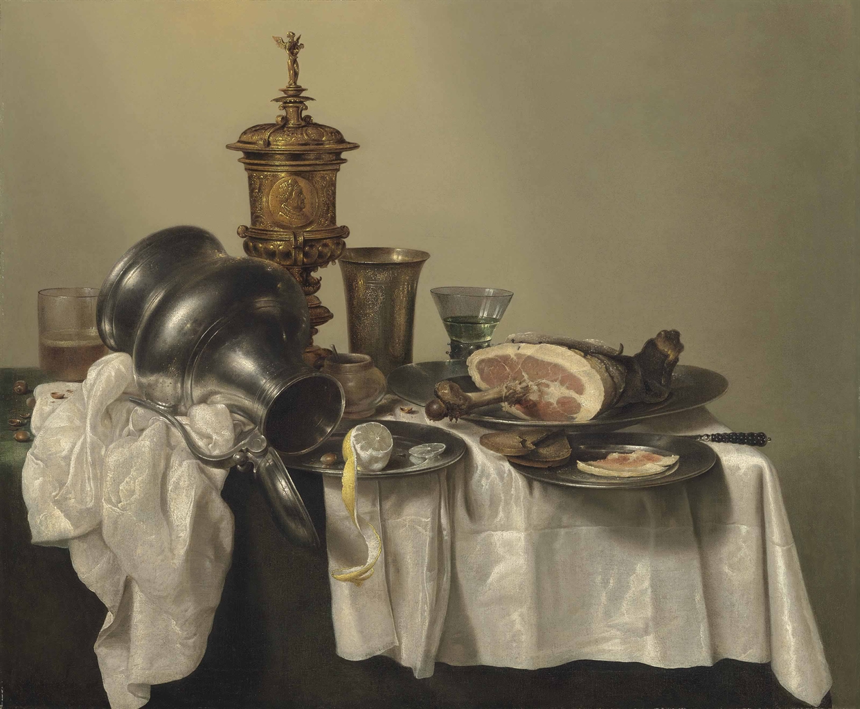 heda willem claesz ham lemon paintings peeled painting haarlem leg christies 1594 1680 tankard bread slices silver topofart pewter partly