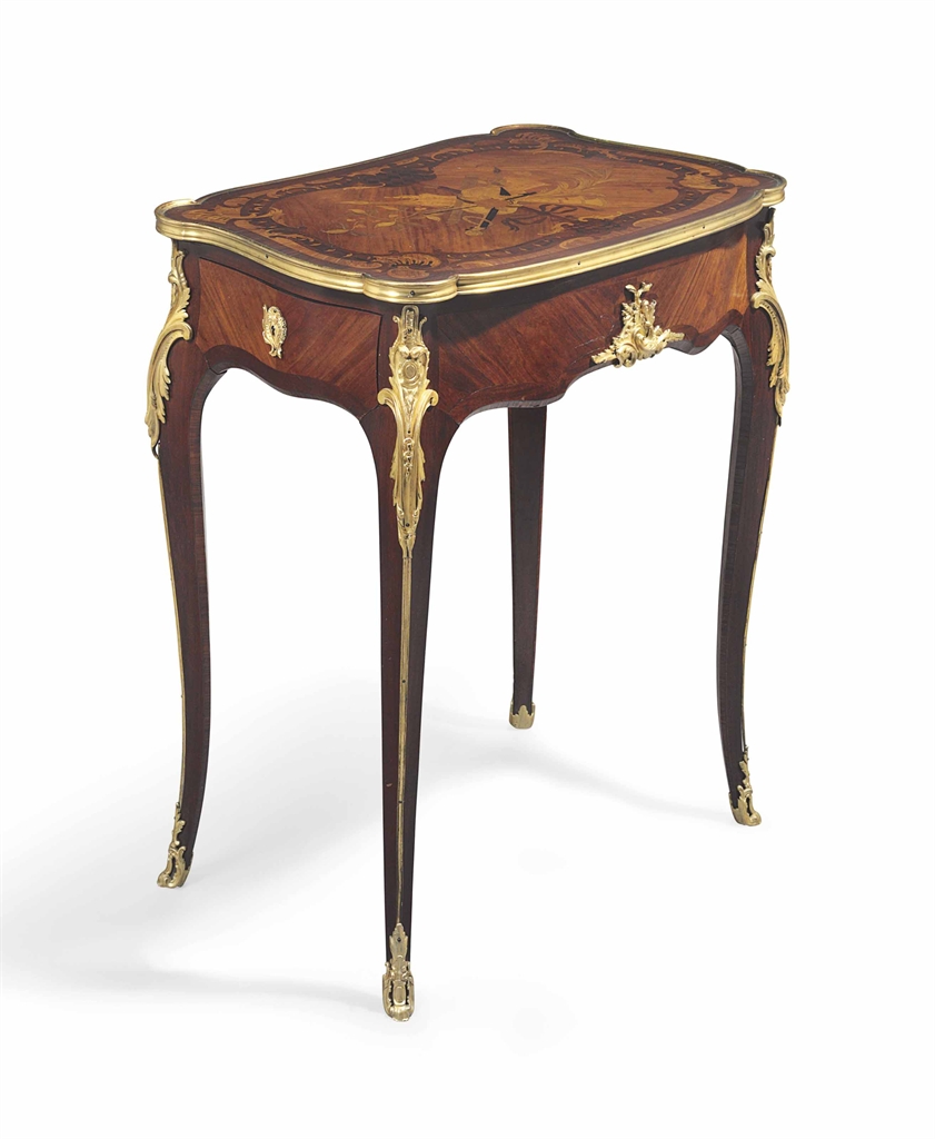 A FRENCH ORMOLUMOUNTED MAHOGANY, BOIS SATINE AND FRUITWOOD MARQUETRY