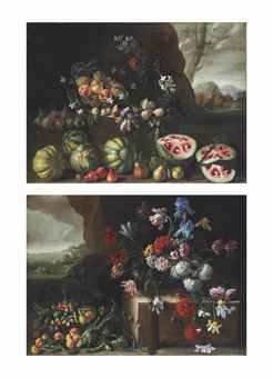 Watermelons, peaches, pears and other fruit in a landscape; and Chrysanthemums, tulips, irises and other flowers and fruit in a landscape 