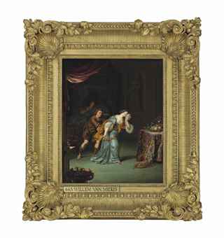 An interior with a man consoling a distressed lady, beside an invalid in bed