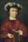 Portrait of a young nobleman, small half-length, in a crimson doublet, wearing a plumed beret, holding a daisy
