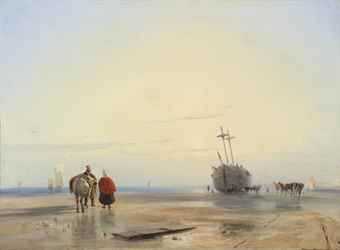 A coastal landscape with fisherfolk, a beached boat beyond 