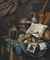 A globe, a casket of jewels and medallions, books, a hurdy-gurdy, a bagpipe, a lute, a violin, an upturned silver tazza and roemer, a nautilus shell, a recorder, a shawm, a print with a self-portrait of the artist and a musical score on a draped table, a curtain above