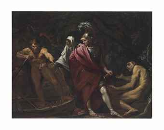 Aeneas and the Cumaean Sibyl presenting the Golden Bough to Charon 