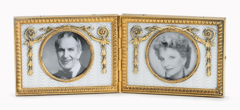 A silver-gilt and guilloché enamel double photograph frame marked Fabergé, with the workmasters mark of Henrik Wigström, St. Petersburg, 1908-1917. 5¼ in. (13.3 cm.) wide. Estimate $50,000-70,000. This work is offered in The Private Collection of Joan Rivers sale on 22 June at Christie’s New York. The actor Vincent Price, shown left, was a very dear friend of