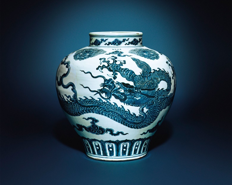 A magnificent very rare large blue and white ‘dragon’ jar, guan. Xuande four-character mark in underglaze blue and of the period (1426-1435). 19⅛ in. (48.5 cm.) high. Estimate HK$60,000,000-80,000,000 $7,764,834-10,353,112. This work is offered in 30 Years The Sale on 30 May at Christie’s Hong Kong