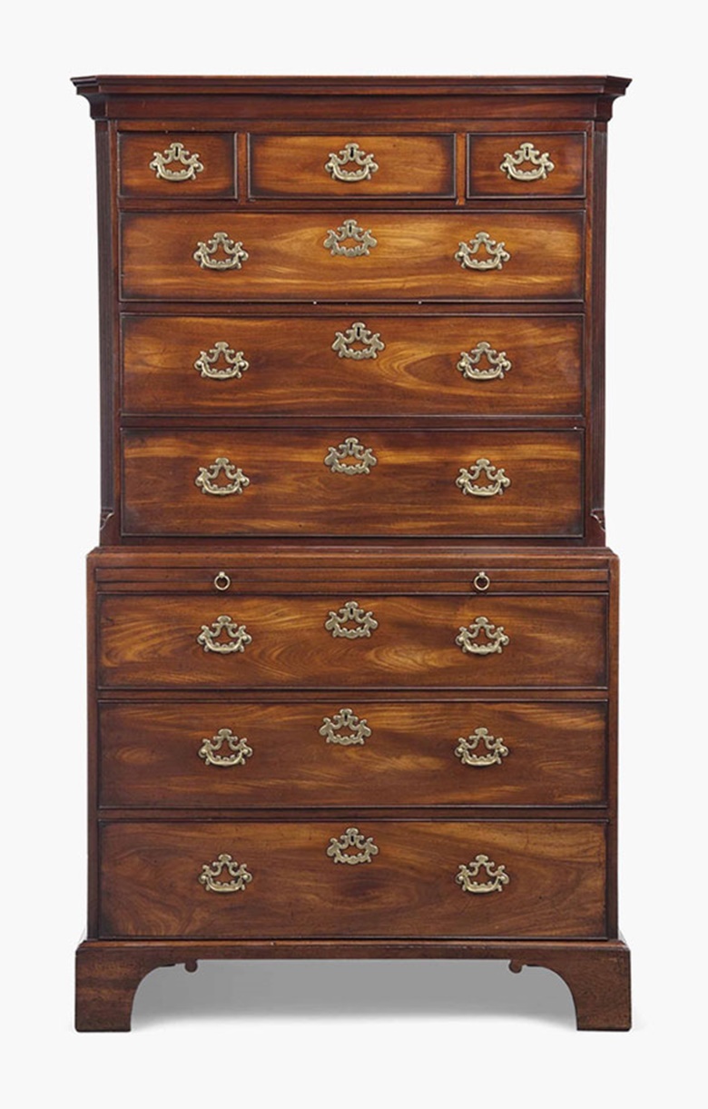 A George III figured mahogany tallboy. Late 18th century. 73 in (185 cm) high; 42½ in (108 cm) wide; 22 in (56 cm) deep. Sold for £4,375 on 20 July 2016