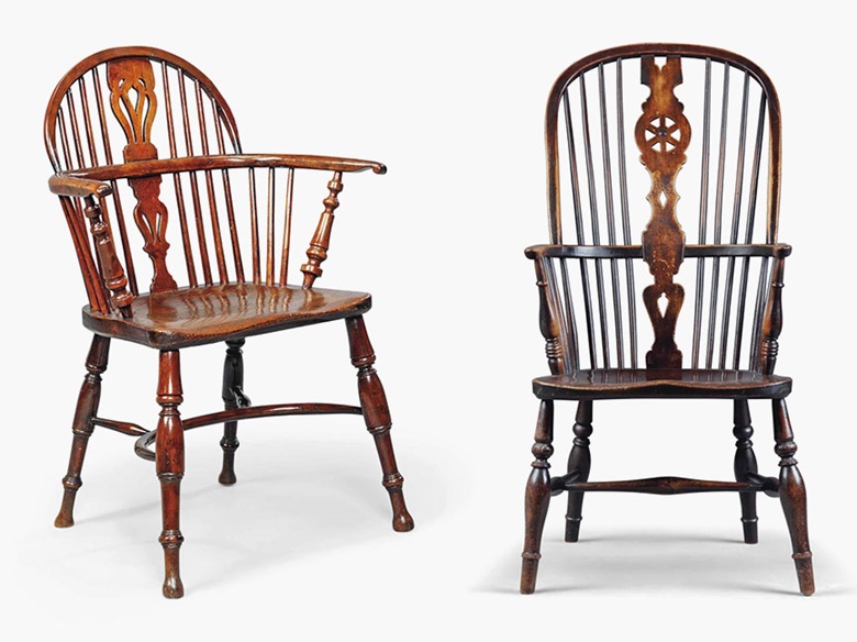 A George IV yew and elm Windsor armchair, early 19th century. Together with a Victorian beech and elm Windsor armchair. Sold for £1,250 on 16 March 2016