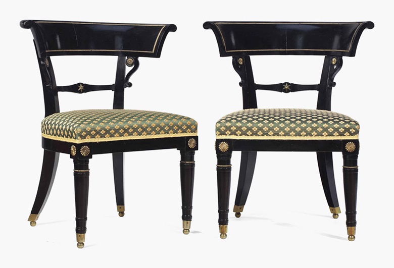 A pair of Regency gilt-metal mounted, ebonised and fruitwood side chairs, circa 1820. Sold for £1,375 on 14 June 2016