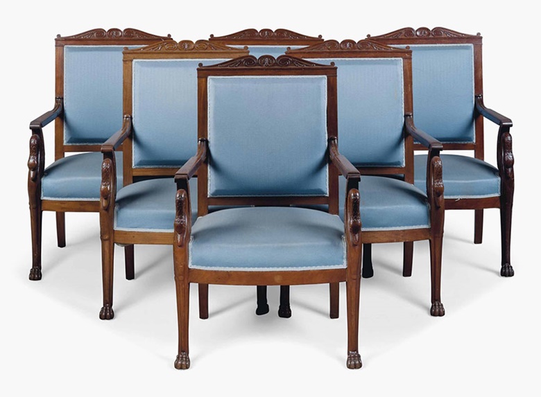 A set of six Louis Philippe mahogany fauteuils. Second quarter 19th century. 39 in (99 cm) high; 24½ in (62 cm) wide. This lot was offered in Interiors on 20 July 2016 at Christie’s in London, South Kensington