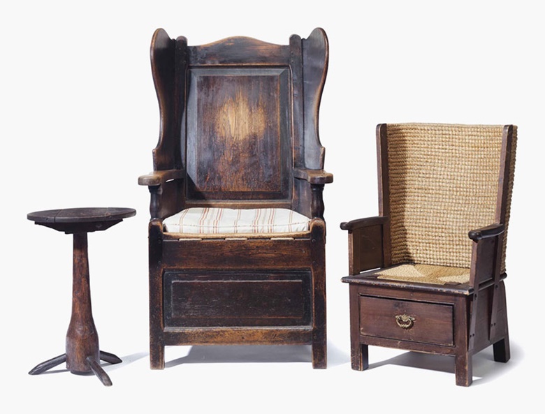 An English oak wingback chair, 19th century. Together with a Scottish Orkney Island childs chair and an oak and fruitwood side table. Sold for $2,000 on 26 July 2016