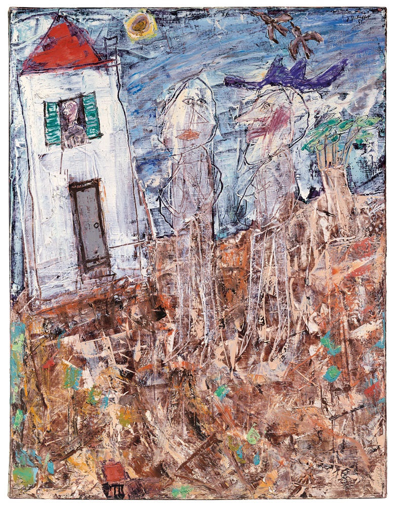 Jean Dubuffet (1901-1985), Visiteur au chapeau bleu (Visitor with Blue Hat), 1955. Oil on canvas. 45⅜ x 35⅛ in (115.2 x 89.2 cm). Estimate £2,000,000-3,000,000