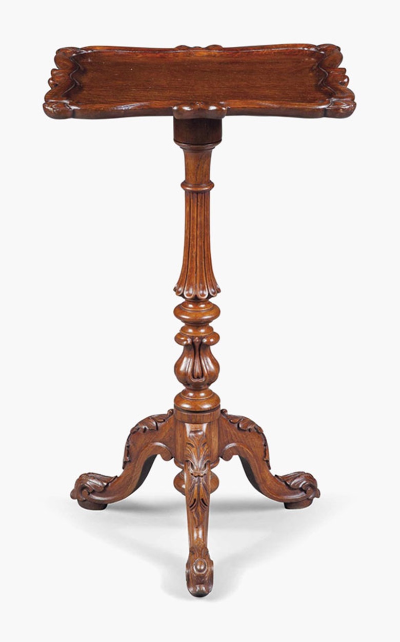 A Victorian oak tripod table. Mid-19th century, after a design by Gillows. 28½ in (72.5 cm) high; 17 in (43 cm) wide; 15 in (38 cm) deep. This lot was offered in Interiors on 17 August 2016 at Christie’s in London, South Kensington