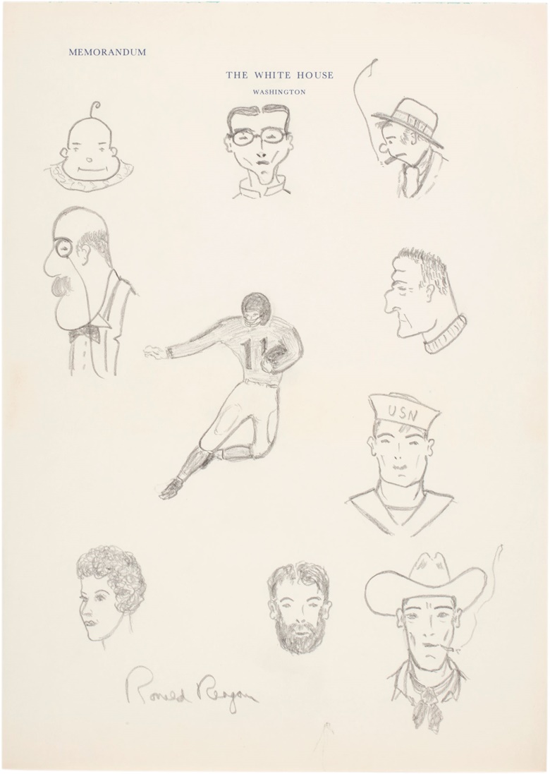 Ronald Reagan (1911-2004). A series of pencil sketches signed (‘Ronald Reagan’) as President, Washington, n.d. [watermarked 1980]. Accomplished on White House stationery. Estimate $2,500-3,500. This lot will be offered in The Private Collection of President and Mrs. Ronald Reagan, 21-22 September at Christies in New York