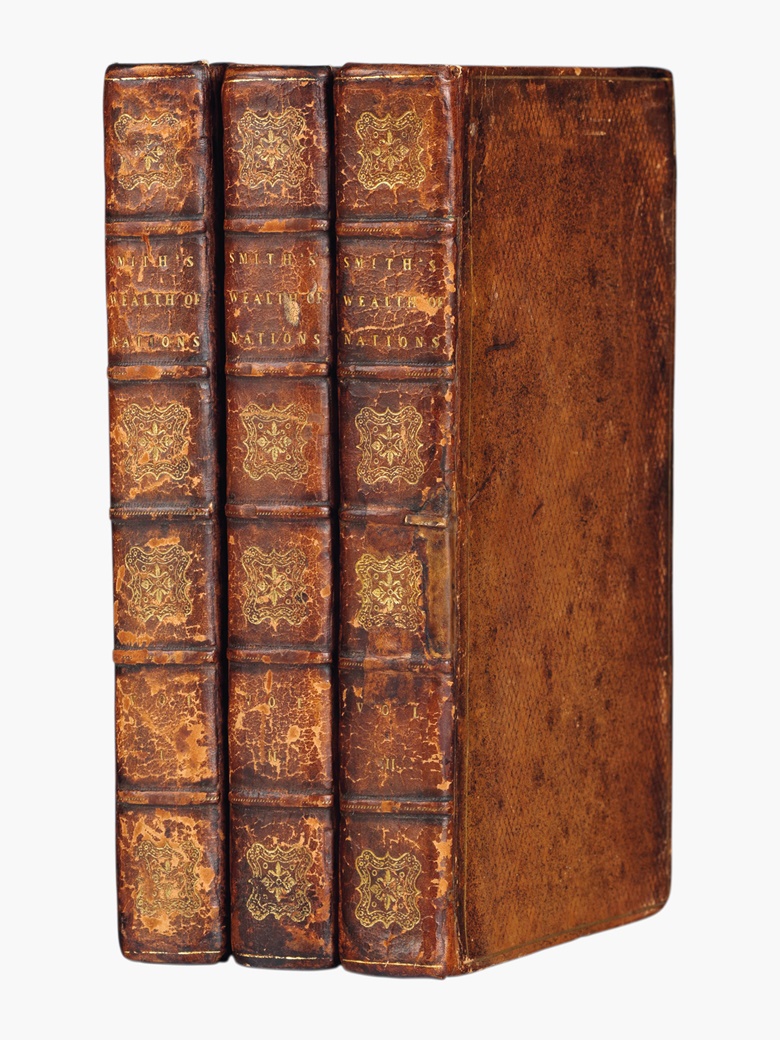 Adam Smith (1723-1790). An Inquiry into the Nature and Causes of the Wealth of Nations. With notes, supplementary chapters, and a life of Dr. Smith by William Playfair. London for T. Cadell and W. Davies, 1805. 3 volumes, 8°. Contemporary diced calf gilt, marbled edges (rebacked preserving original spines). Eleventh edition. Estimate $800-1,200. This lot will be offered in The Private