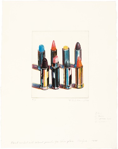 Wayne Thiebaud, ocho barras de labios, 1988. Punta seca en colores, a mano por el artista trabajó, sobre papel vitela.  Imagen 7 x 6 pulgadas (17.7 x 15.2 cm).  Hoja de 15 x 12 pulgadas (38,7 x 30,5 cm).  Estimar $ 30.000-50.000.  Este lote se ofrece en Thiebaud Thiebaud de impresiones y obras sobre papel desde el estudio privado de Wayne Thiebaud el 29 de septiembre de 2016 a Christie en Nueva York