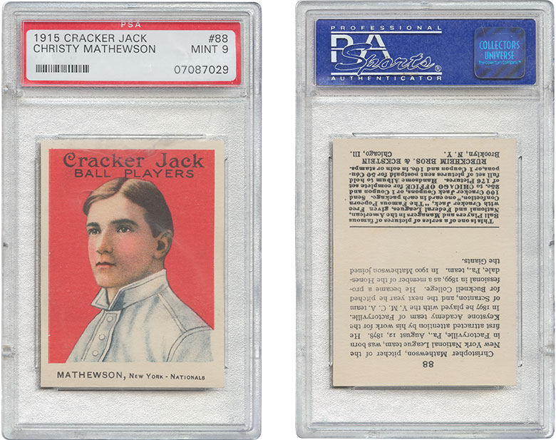 1915 Cracker Jack #88 Christy Mathewson. . Estimate $40,000-60,000. This lot is offered in The Golden Age of Baseball, Selections of Works from the National Pastime Museum on 19-20 October 2016 at Christie’s in New York
