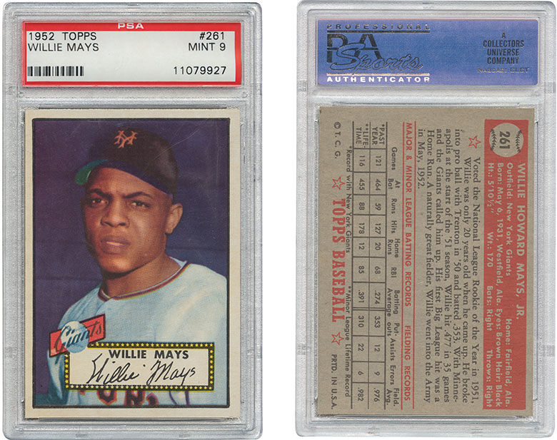 1952 Topps #261 Willie Mays. Estimate $200,000-250,000. This lot is offered in The Golden Age of Baseball, Selections of Works from the National Pastime Museum on 19-20 October 2016 at Christie’s in New York